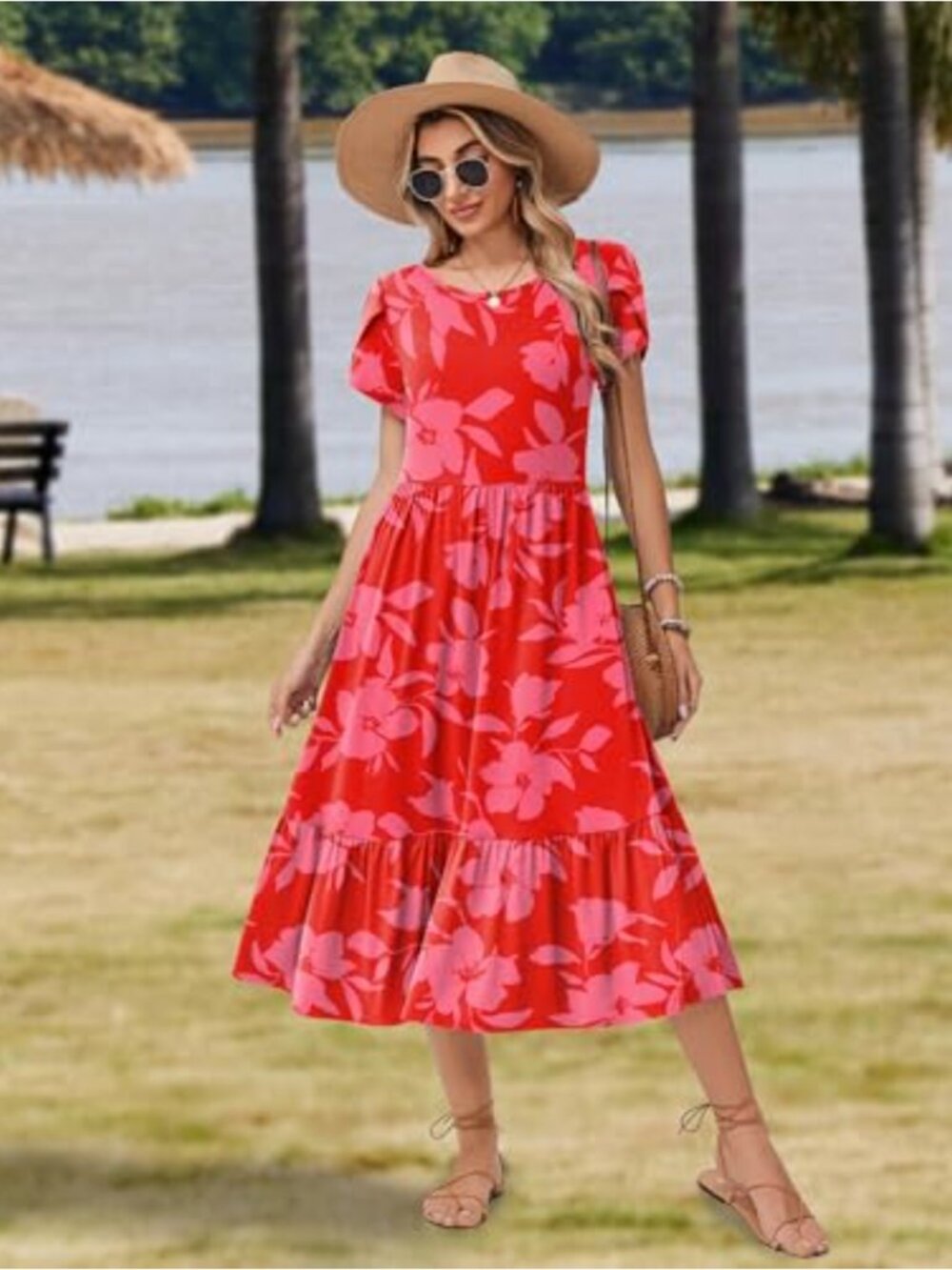ZEAGOO Flowy Tiered Midi A Line Dress with Pockets, Casual Summer Beach Sundress - Picture 2 of 5